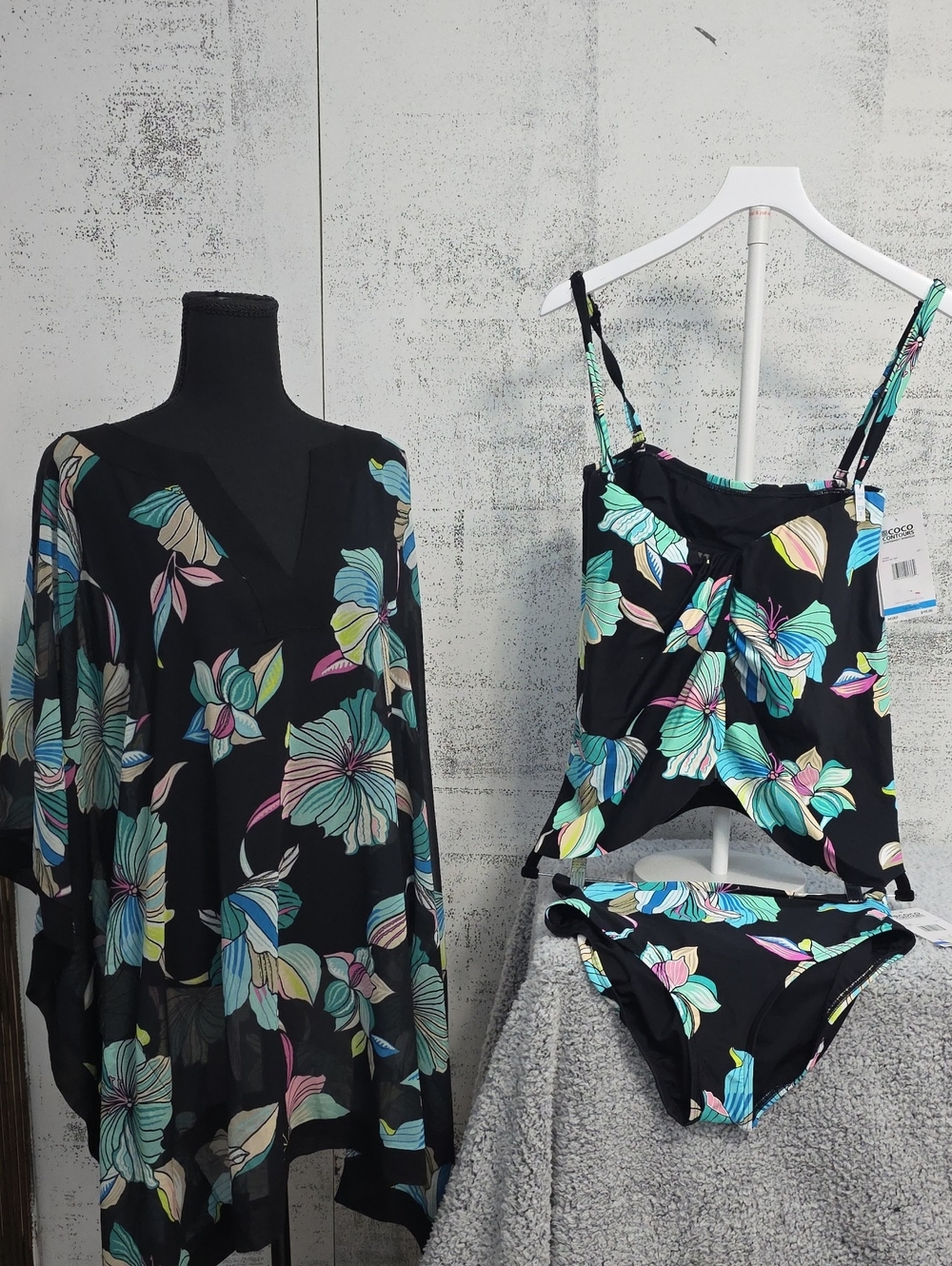 COCO Contours Black Floral Tankini Swim Set with Cover-Up - Women's Swim
